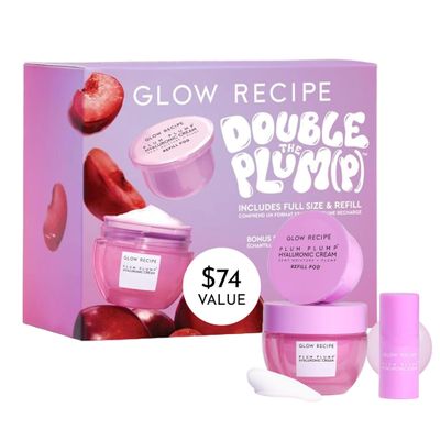 Glow Recipe Double the Plump Korean Skin Care Gift Set - Hyaluronic Acid Whipped Gel Face Cream, Moisturizer Refill Pod Travel Size Plum Plump Serum for Hydrating Dry Skin 3 Count