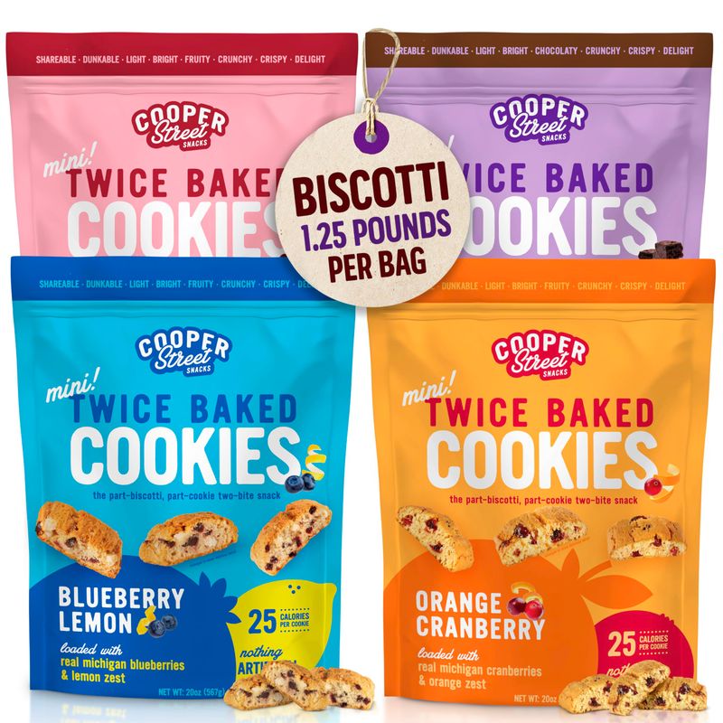 Cooper Street Twice Baked Biscotti Cookies Variety Pack - 1.25 Pounds Per Bag 4 Pack - Gourmet Cookies Ideal With Coffee Or Tea Peanut and Dairy Free Low Sodium Breakfast or On-The-Go Snack