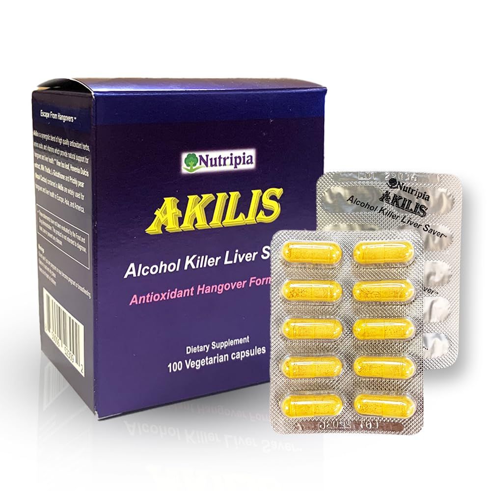 Akilis Antioxidant Liver Support Pills 100 Vegi Caps 33 Doses, Better Mornings After Drinking, Hovenia dulcis, Vine Tea Dihydromyricetin, Milk Thistle, Prickly Pear, Glutathione, 16 Ingredients