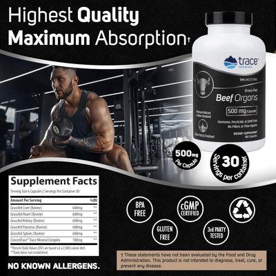 Trace Minerals Beef Organ, 600mg - Bone &amp; Energy Health Support Supplement - Nutritional Supplement Aids Healthy Organs - Healthy Hearth &amp; Immunity Support with Minerals - 180 Capsules 30 Servings
