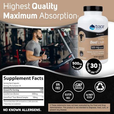 Trace Minerals Beef Liver, 500mg - Bone Health &amp; Energy Support Supplement - Nutritional Supplement Aids Healthy Skin &amp; Immunity - Beef Liver Supports Healthy Organs - 180 Capsules 30 Servings