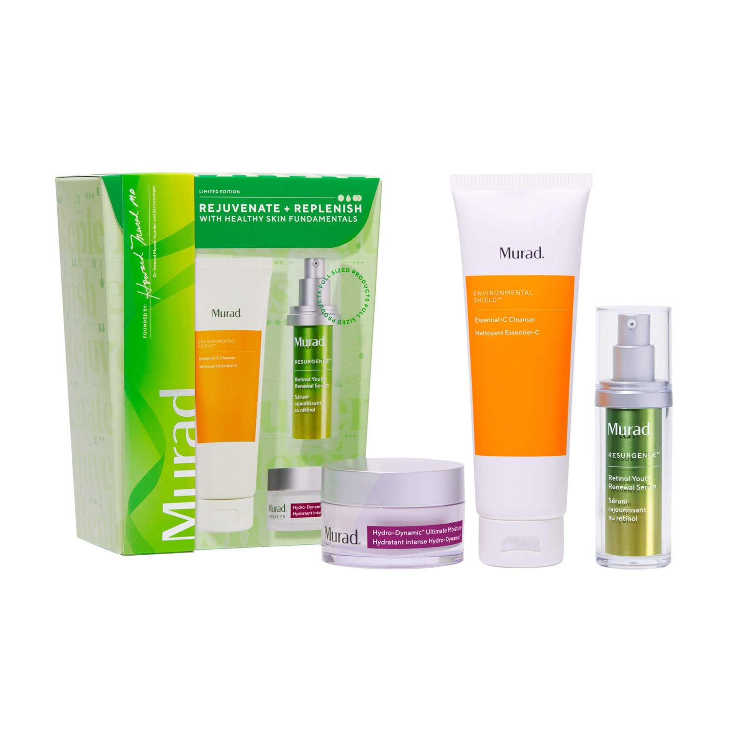Murad Rejuvenate Replenish w Healthy Skin - 3-Piece Full Sized Set 213 Value - Regimen for Total Skin Health - Ess-C Cleanser 6.75Fl Oz, Retinol Serum 1.0Fl Oz, Hydro Dynamic Moisture 1.7Fl Oz