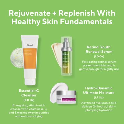Murad Rejuvenate Replenish w Healthy Skin - 3-Piece Full Sized Set 213 Value - Regimen for Total Skin Health - Ess-C Cleanser 6.75Fl Oz, Retinol Serum 1.0Fl Oz, Hydro Dynamic Moisture 1.7Fl Oz