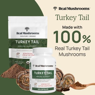 Turkey Tail Capsules - Organic Mushroom Supplement with Potent Extract for Gut, Energy, Brain, Immune Support Vegan Extract, Non-GMO, 200 Caps