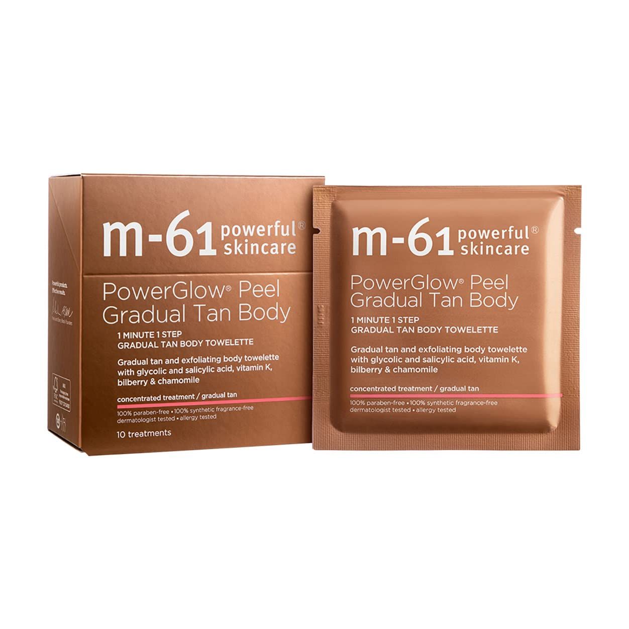 M-61 PowerGlow Peel Gradual Tan Body - Gradual tan and exfoliating body towelette with glycolic and salicylic acid, vitamin K, bilberry &amp; chamomile.