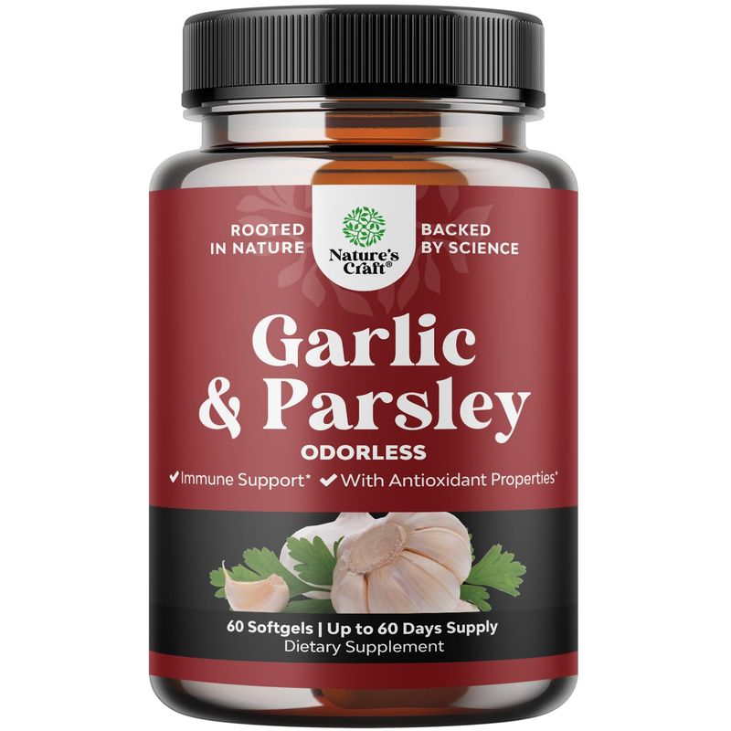 Concentrated Odorless Garlic Softgels - Parsley Extract &amp; Aged Garlic Supplements for High Blood Pressure, Digestion, Immune Support &amp; Liver Detox - Parsley Softgels for Gut Support - 60 Ct