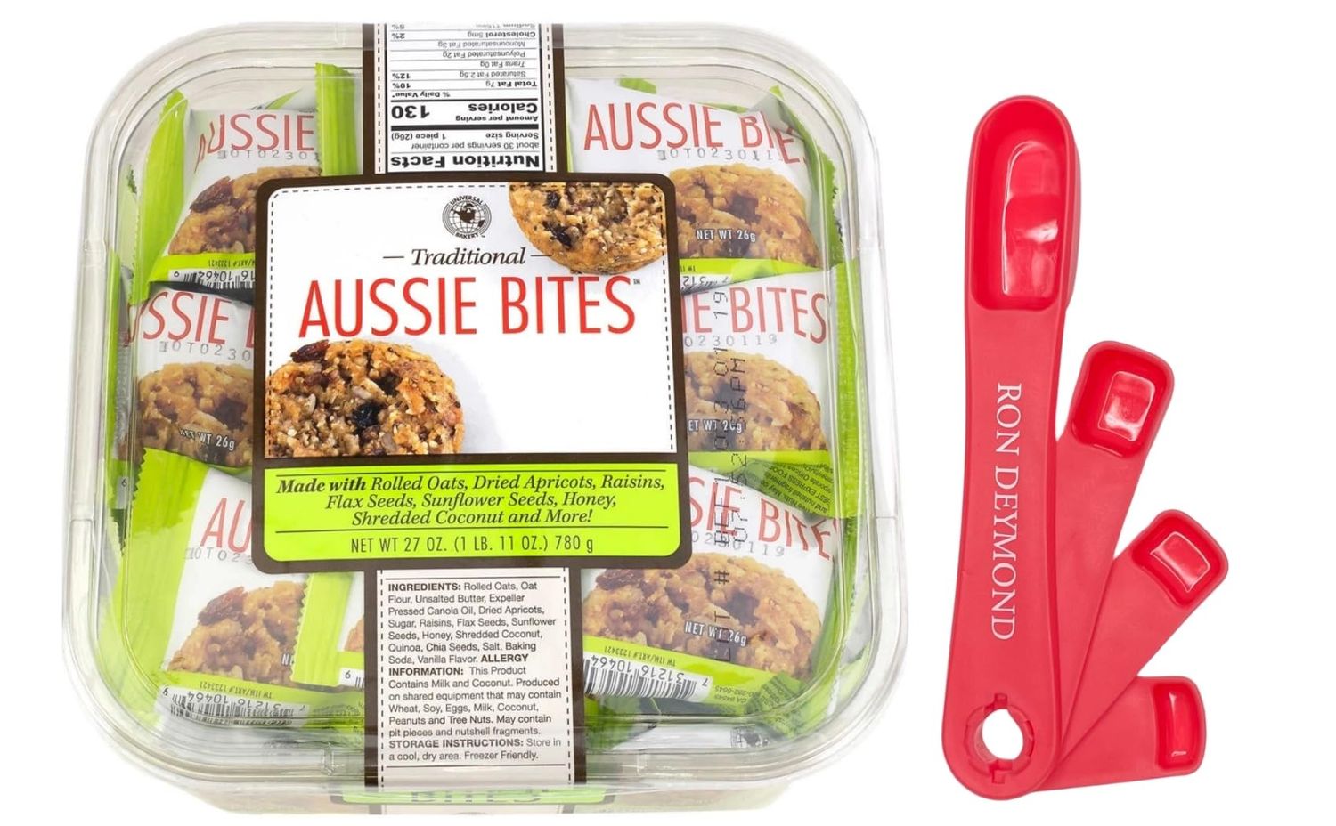 Traditional Aussie Bites Individually Wrapped 27 Oz, Oatmeal snacks cookies, Healthy Oatmeal Bites with RON DEYMOND Measuring Spoons