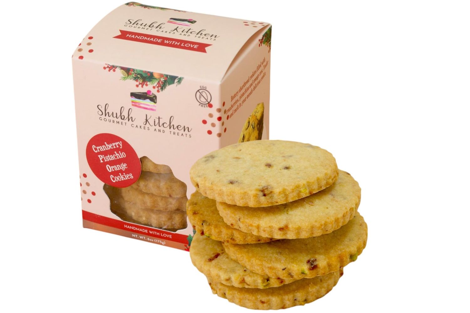 Shubh Kitchen Cranberry Pistachio Orange Cookies. Authentic unique flavors, 100 Eggfree and Vegetarian, No Artificial Flavors or Preservations, 6 ounce - Fresh and Delicious Gourmet Cookies