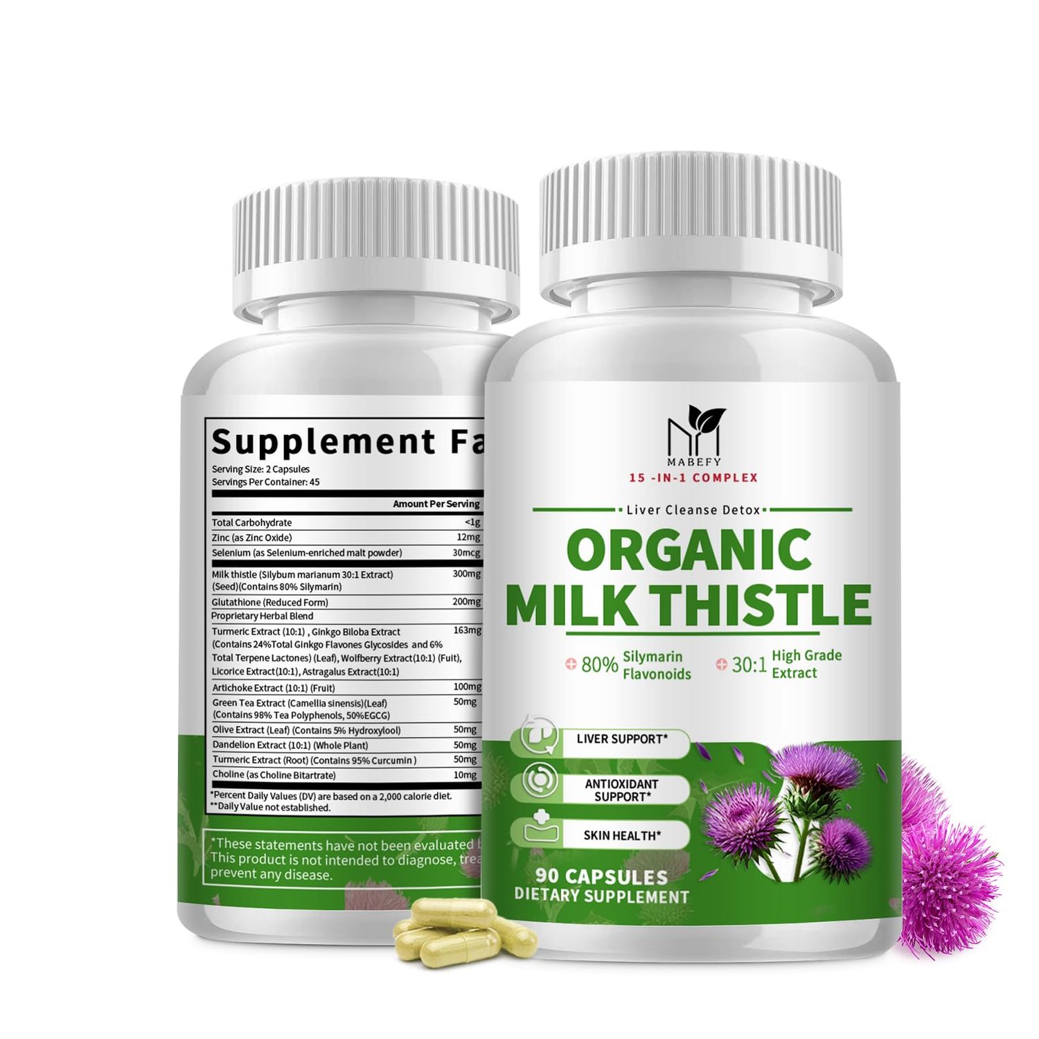MABEFY Liver Support Supplement with Milk Thistle Extract with Silymarin, Glutathione, Dandelion, Artichoke - Liver Cleanse Detox Repair, Antioxidant Support- 90 Capsules