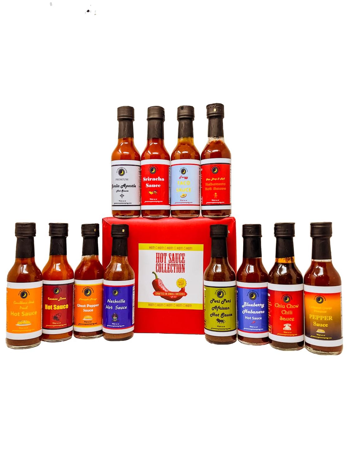 Premium Ultimate Hot Sauce Variety or Gift Pack Gift Wrapped 12 Count Crafted in Small Batches Large 5 fl. oz. Glass Bottles with Flavor Lock Cap Gourmet Hot Sauce Gift Pack - 12 Large 5 fl. oz. Bo...