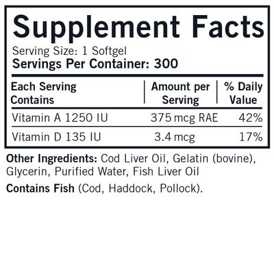 Kirkman - Cod Liver Oil with Vitamin A &amp; D - 300 Softgels - Essential Fatty Acids - Supports Foundational Health - Hypoallergenic