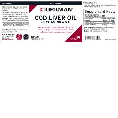 Kirkman - Cod Liver Oil with Vitamin A &amp; D - 300 Softgels - Essential Fatty Acids - Supports Foundational Health - Hypoallergenic