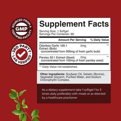 Concentrated Odorless Garlic Softgels - Parsley Extract &amp; Aged Garlic Supplements for High Blood Pressure, Digestion, Immune Support &amp; Liver Detox - Parsley Softgels for Gut Support - 60 Ct