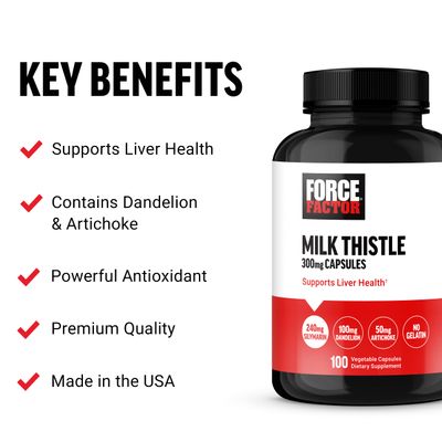 FORCE FACTOR Milk Thistle Liver Support Formula with Dandelion Root and Artichoke, 300mg Silymarin Milk Thistle Supplement for Liver Health and Liver Detox, 100 Vegetable Capsules