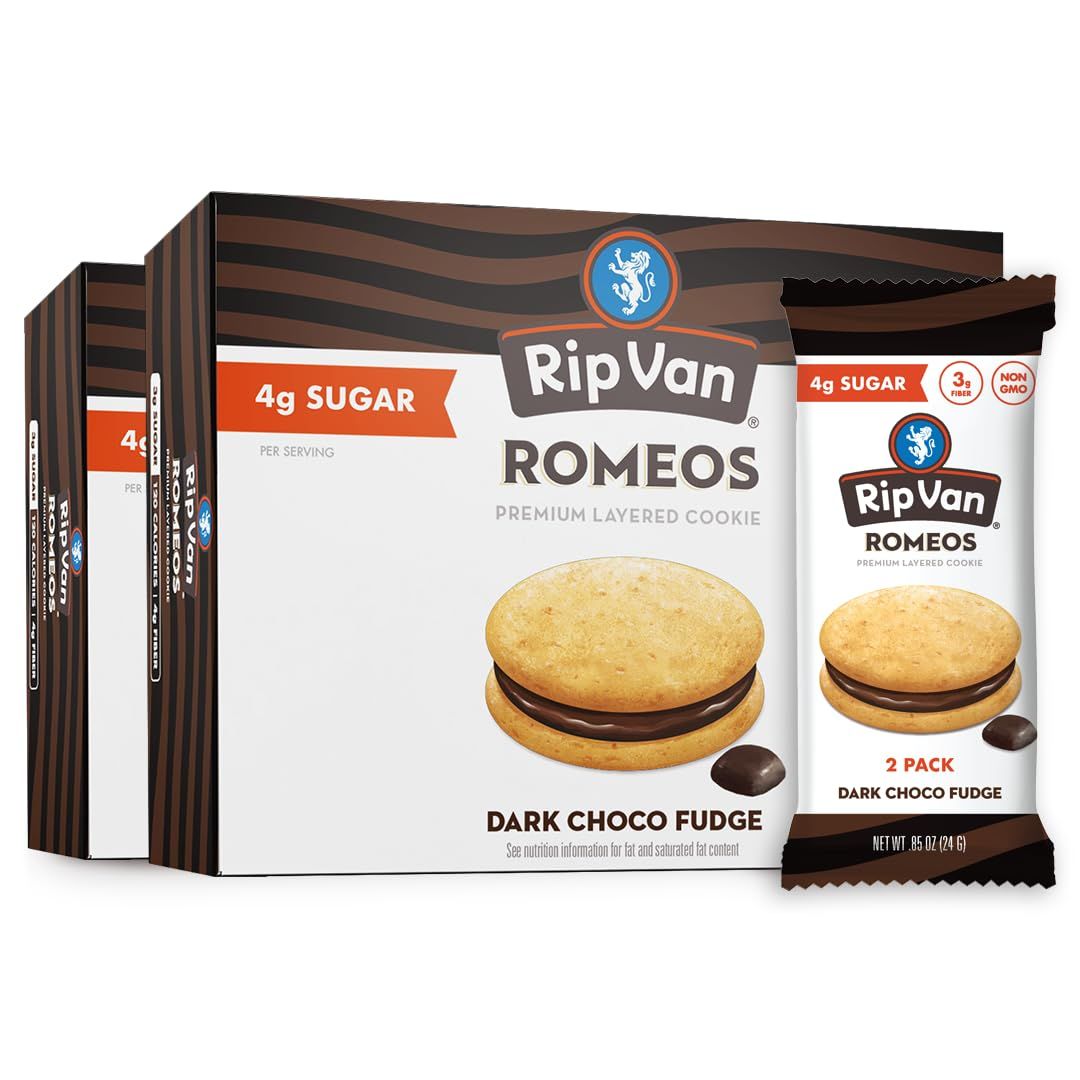 Rip Van Romeos Dark Chocolate Fudge Cookies - Low Sugar Cookies - Healthy Keto Snack - Individual 2 Packs 18 Count