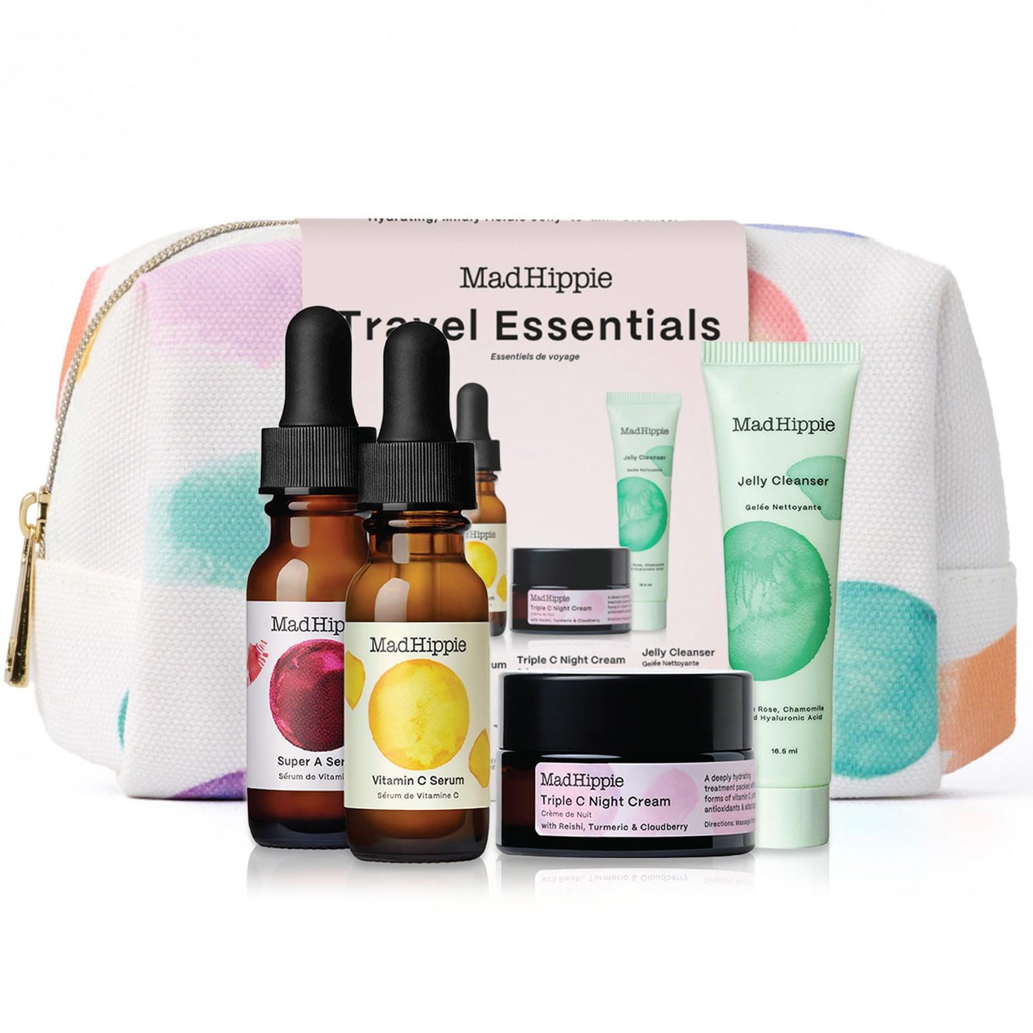 Mad Hippie Travel Essentials -?Vitamin C Serum, Triple C Night Cream, Super A Serum Jelly Cleanser in a 100 Recycled Toiletries Bag, Cruelty-Free