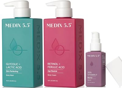 Medix 5.5 Anti Aging Skin Care 3PC Set, Retinol Body Cream Exfoliating AHA Glycolic Acid Foaming Face &amp; Body Wash Vitamin F Booster Serum, Wash Treat Hydrate Skincare Set