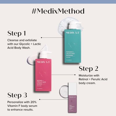 Medix 5.5 Anti Aging Skin Care 3PC Set, Retinol Body Cream Exfoliating AHA Glycolic Acid Foaming Face &amp; Body Wash Vitamin F Booster Serum, Wash Treat Hydrate Skincare Set