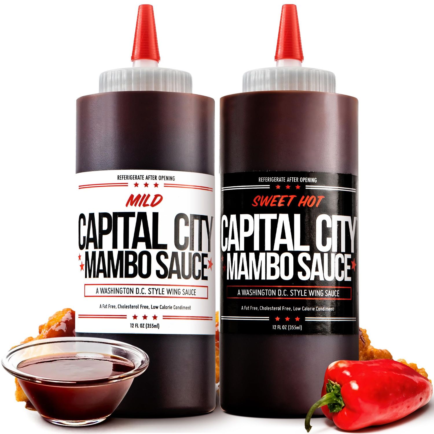 Capital City Mambo Sauce Sweet Hot &amp; Mild Variety Pack, Washington DC Wing Sauces, Perfect Condiment for Wings Chicken Pork Beef Seafood Burgers Rice or Noodles, 12oz 2 Pack