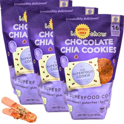 Chocolate Chia Cookies, Plant-Based, Gluten-Free, 16 oz 16 ct Bags, Pack of 3, Superfood Cookie with 3g Protein with Bonus Bag Sealer Clip by RH940