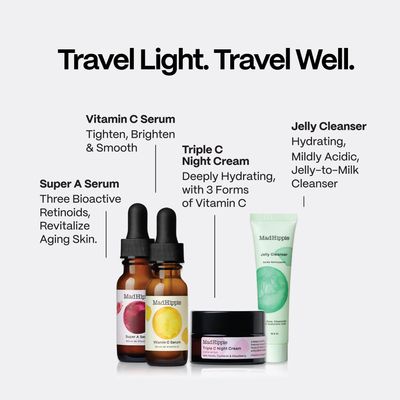Mad Hippie Travel Essentials -?Vitamin C Serum, Triple C Night Cream, Super A Serum Jelly Cleanser in a 100 Recycled Toiletries Bag, Cruelty-Free