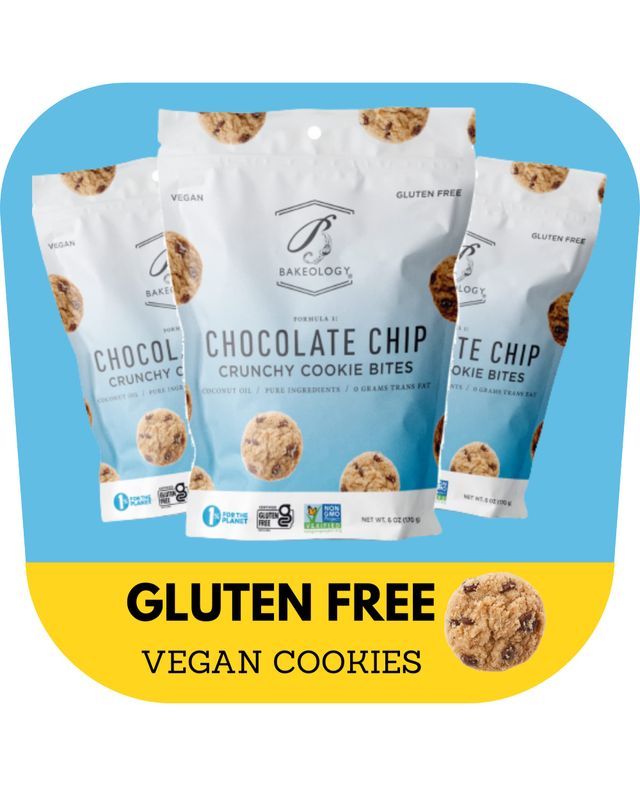 Bakeology Gluten Free Cookies - Crunchy Mini Vegan Cookie Bites - Gluten Free Dairy Free Snacks - Enjoy Plant Based Dessert Sweets - Made with Coconut Oil and Pure Ingredients - Chocolate Chip