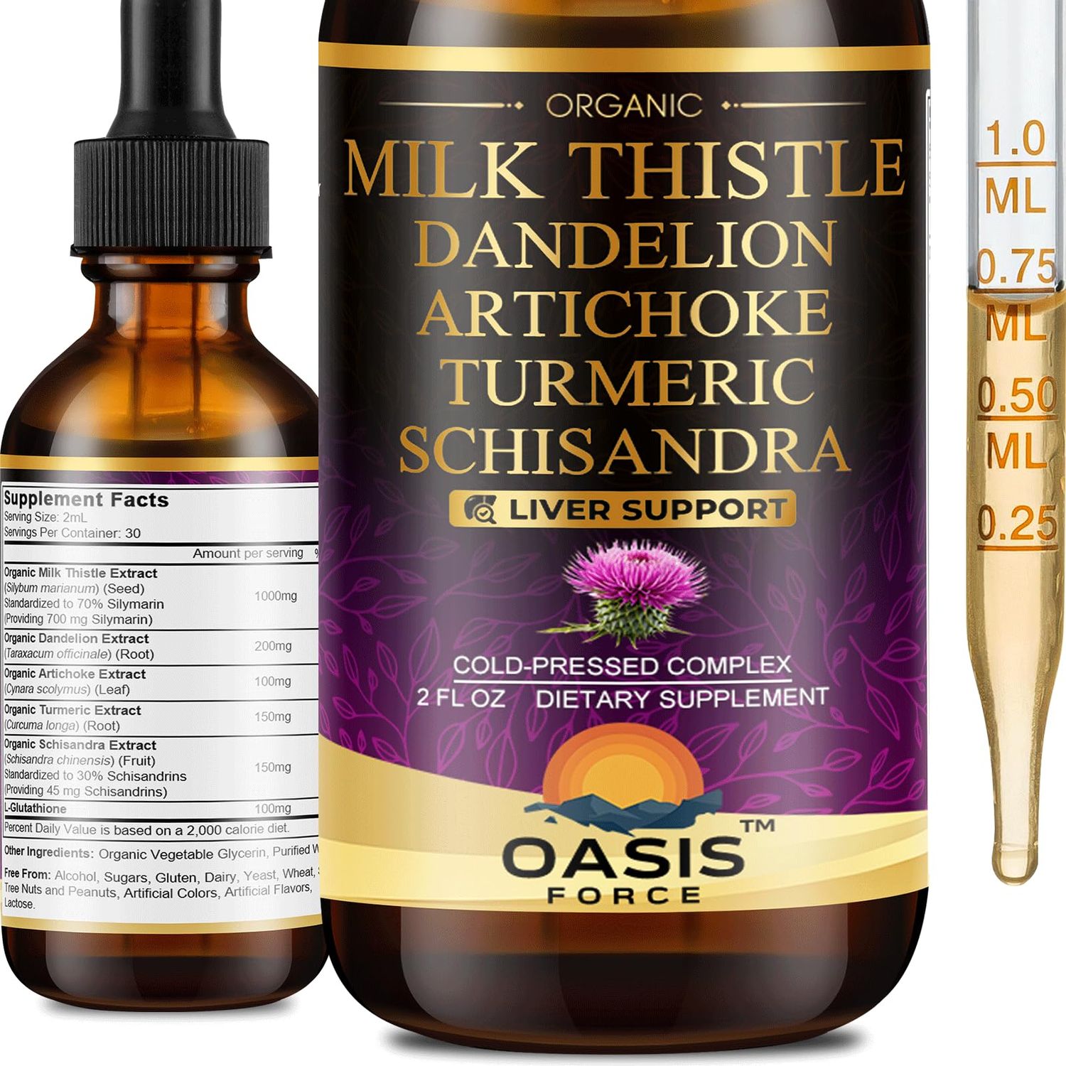 Oasisforce Organic Milk Thistle Extract Liquid for Liver Cleanse Detox &amp; Repair, Silymarin Milk Thistle Drops Supplement with Dandelion &amp; Artichoke for Liver Support, Vegan, Alcohol-Free, 2 FL OZ