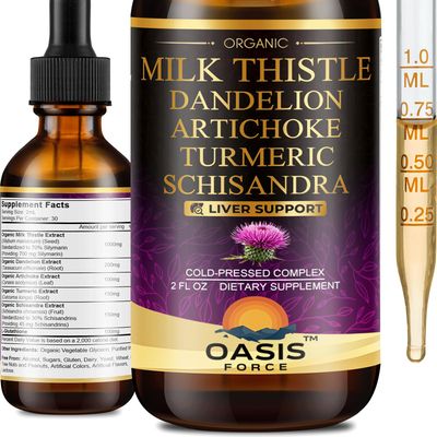 Oasisforce Organic Milk Thistle Extract Liquid for Liver Cleanse Detox &amp; Repair, Silymarin Milk Thistle Drops Supplement with Dandelion &amp; Artichoke for Liver Support, Vegan, Alcohol-Free, 2 FL OZ