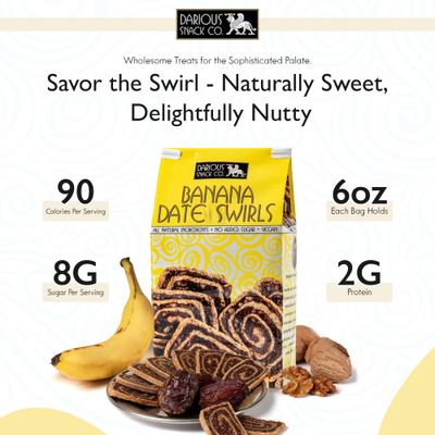 Darious Snack Co. VEGAN and PALEO Banana Date Swirls for Delicious BreakFast, Slightly Sweet and Savory Snacks, All Natural Ingredients, Holiday Food Gifts, 6 oz Bag