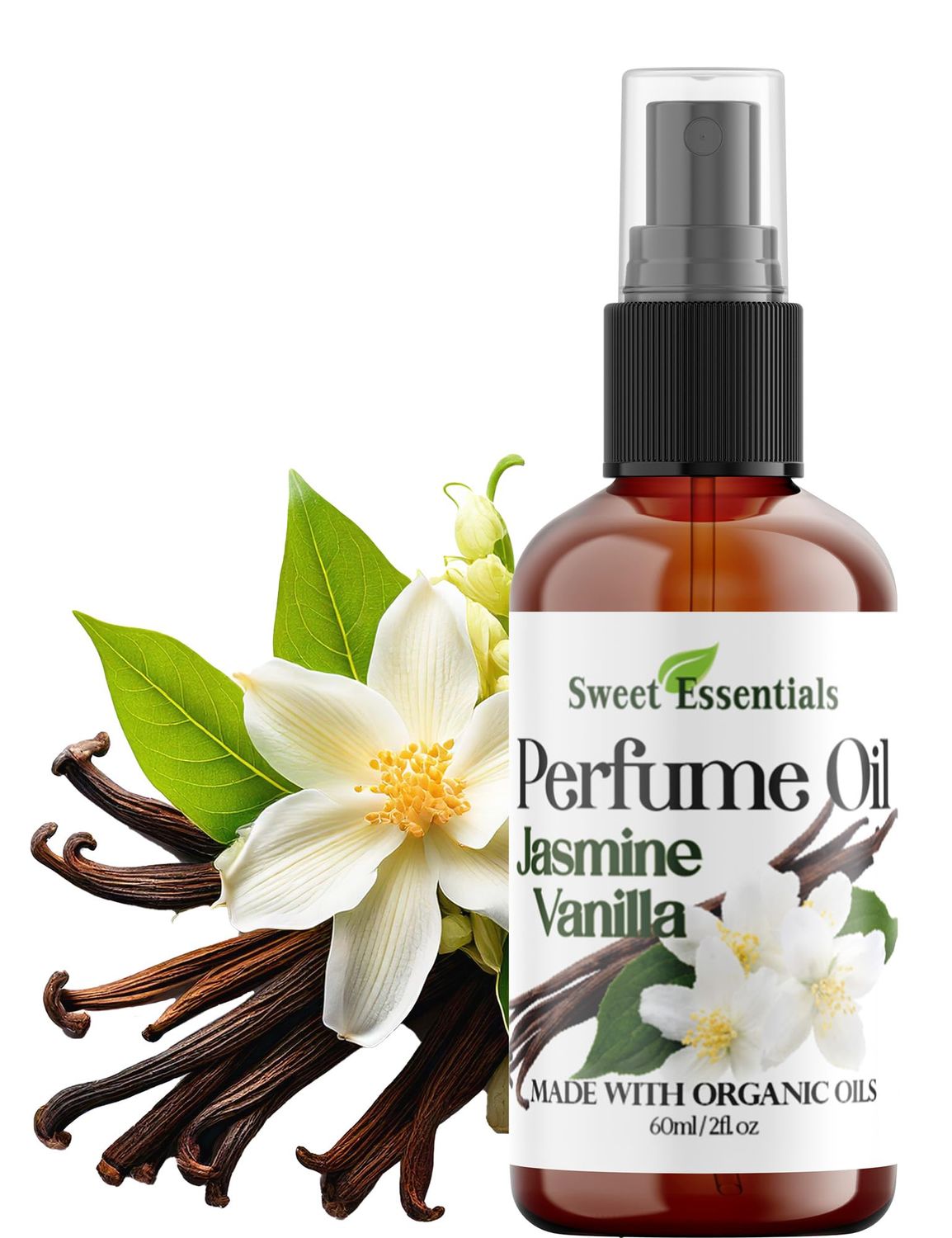 Sweet Essentials JASMINE VANILLA, FragrancePerfume Oil, Made with Organic Oils, 2oz, Spray on Perfume Hair &amp; Body Oil - Alcohol, Silicone &amp; Preservative Free