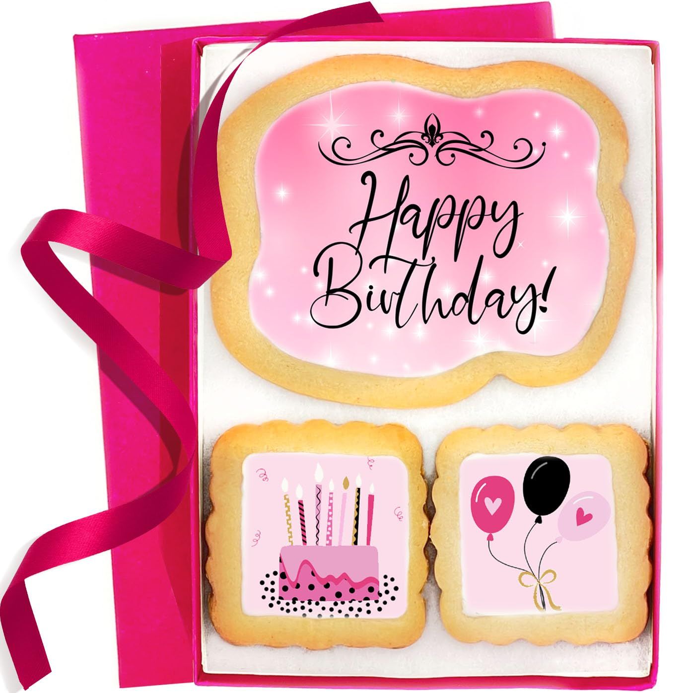 Happy Birthday Cookies Gift Basket For Her Women and Girls Teen Sister Wife Grandma Friend Pink Decorated Sugar Cookie Gift Box Pretty 3 Pack Individually Wrapped