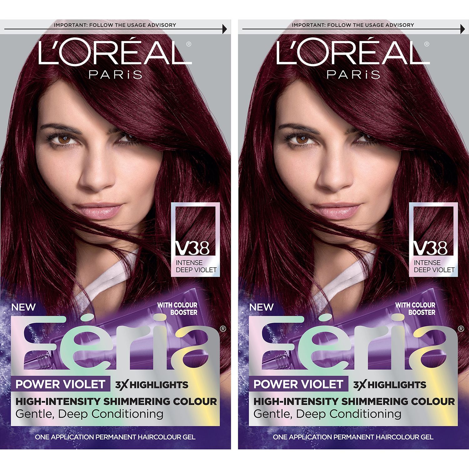 L&#39;Oreal Paris Feria Multi-Faceted Shimmering Permanent Hair Color, V38 Violet Noir, Hair Dye Kit, Pack of 2