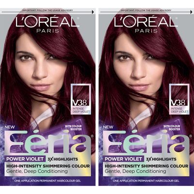 L&#39;Oreal Paris Feria Multi-Faceted Shimmering Permanent Hair Color, V38 Violet Noir, Hair Dye Kit, Pack of 2
