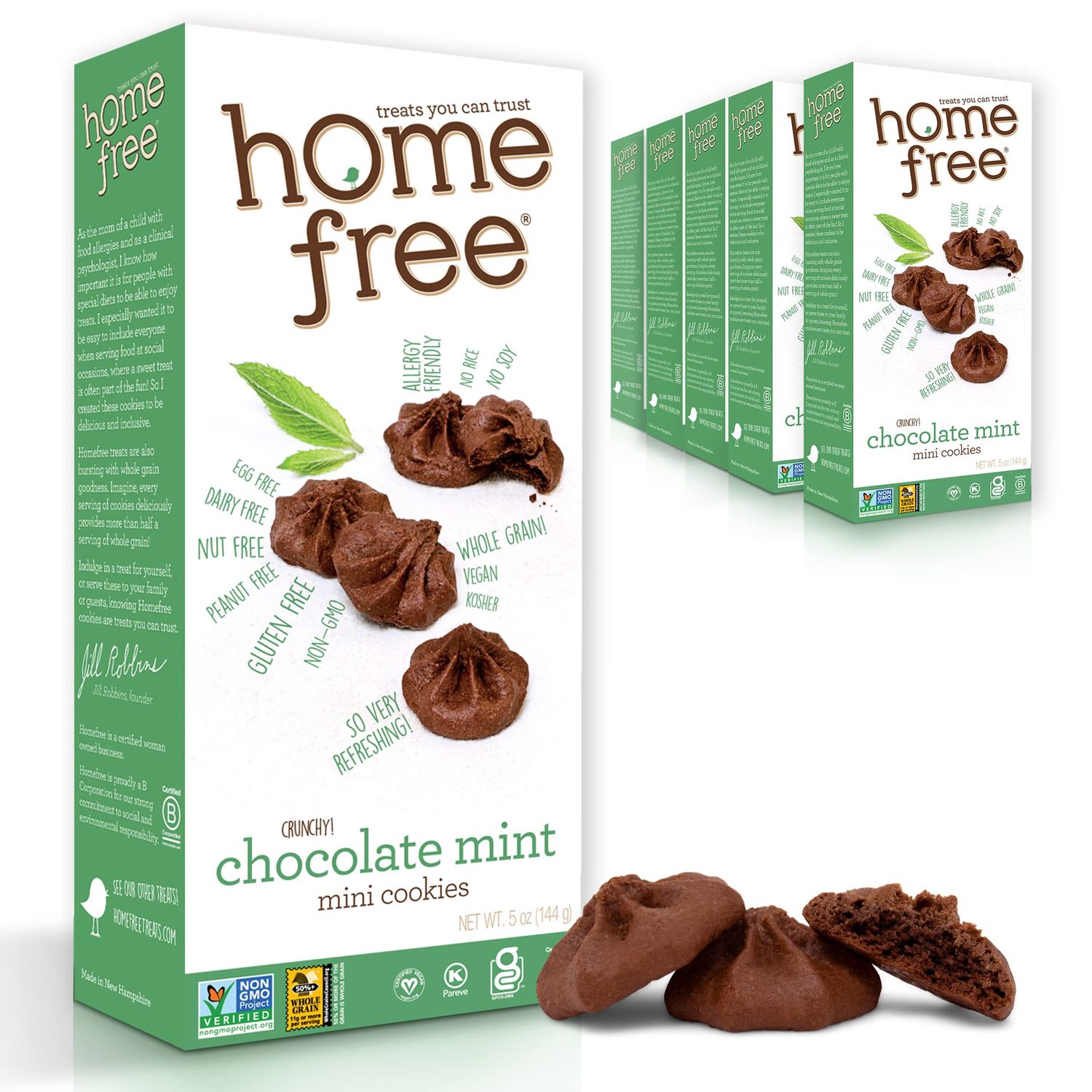 Homefree Chocolate Mint Mini Cookies, Gluten Free, Nut Free, Vegan, School Safe and Allergy Friendly Snack, 5 oz. Box Pack of 6