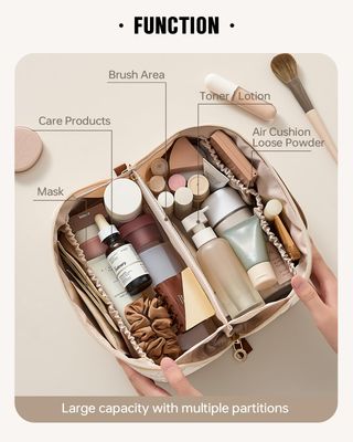 EACHY Travel Makeup Bag, Large Capacity Cosmetic Bags for Women, Waterproof Portable Pouch Open Flat Toiletry Bag Pattern Make up Bag F-Beige