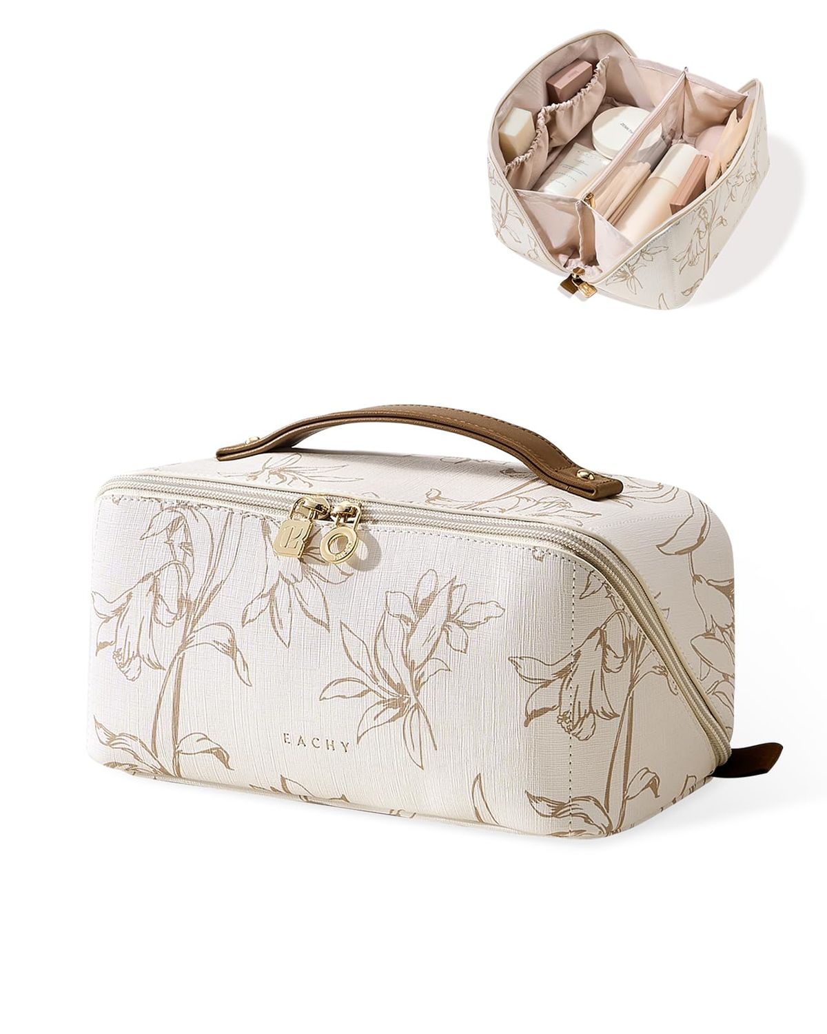 EACHY Travel Makeup Bag, Large Capacity Cosmetic Bags for Women, Waterproof Portable Pouch Open Flat Toiletry Bag Pattern Make up Bag F-Beige
