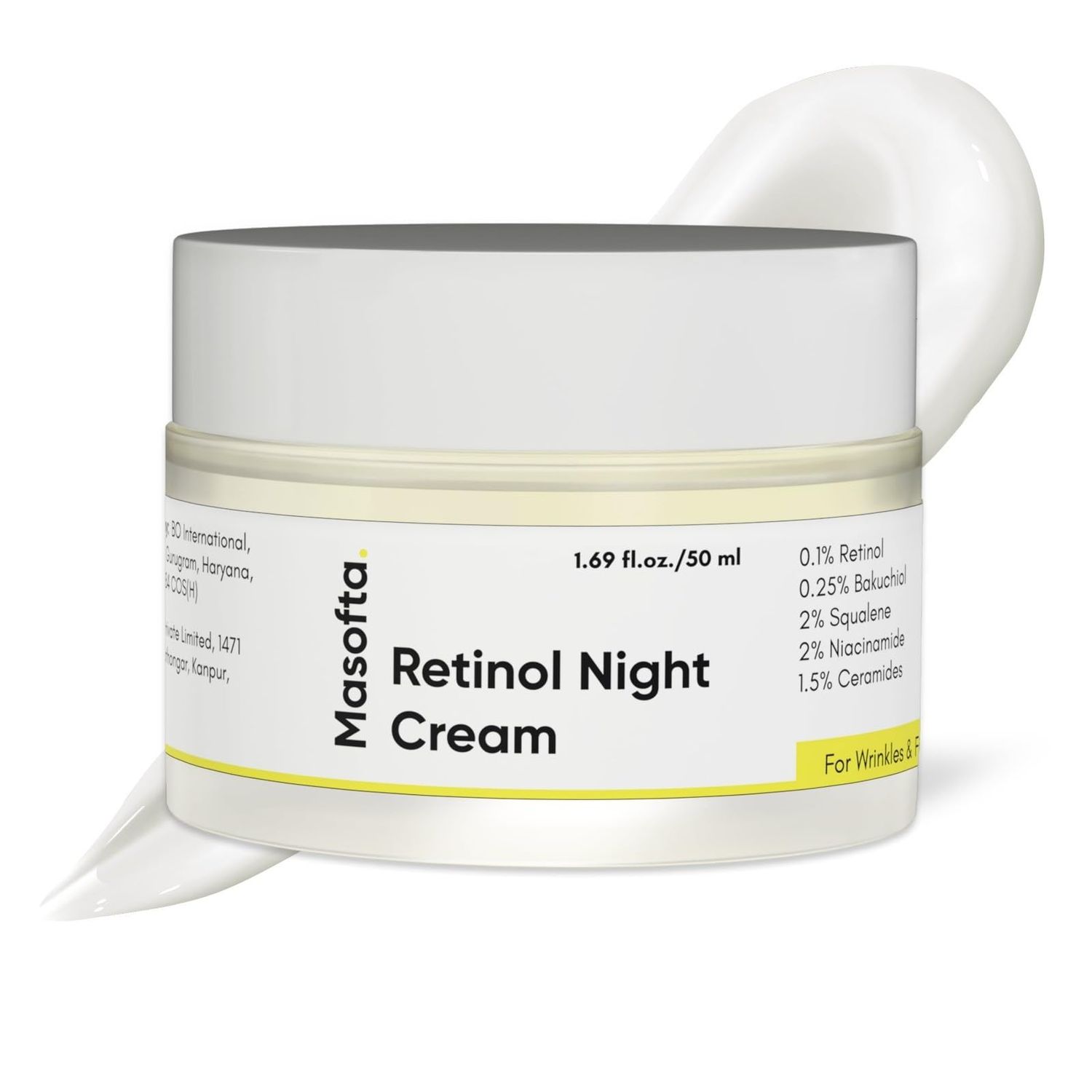 Masofta Retinol Night Cream with 0.1 Retinol, Bakuchiol &amp; Squalene, Men &amp; Women 1.69 fl.oz.50 GMS