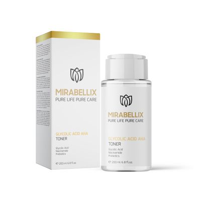 Mirabellix Glycolic Acid AHA Toner 200ml - Exfoliating Face Toner with Niacinamide, Prebiotics &amp; Witch Hazel Water for Oily, Combination, and Blemish-Prone Skin - Brightens, Smooths, and Tightens Skin