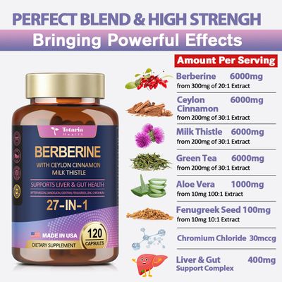 Totaria Berberine Supplement with Ceylon Cinnamon, Milk Thistle - Berberine Plus for Immune, Better Figure, Liver & Gut Health, Vegan Supplements for Men & Women - 120 Caps