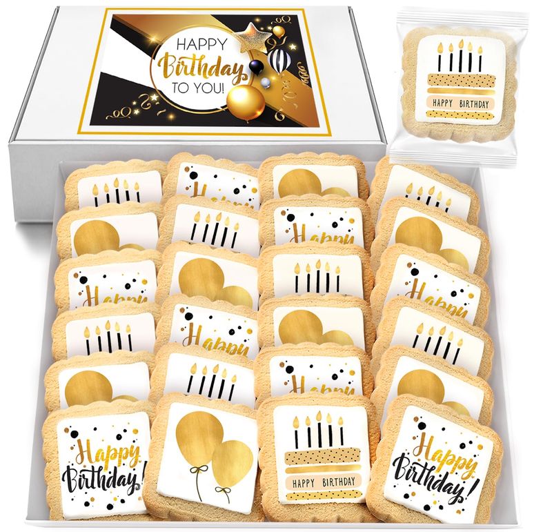 Happy Birthday Cookies Bulk 24 PACK Individually Wrapped Party Favors Food Gold for Men Women Kids Gift Basket Gourmet Decorated Sugar Cookie Nut-Free