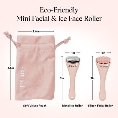 Kitsch Mini Facial Roller &amp; Ice Face Roller Skin Care Tool Set for Women - Face Massager for Puffy Eyes, Cold Therapy, Lymphatic Drainage Massager, Self Care Gifts for Women &amp; Men - Blush
