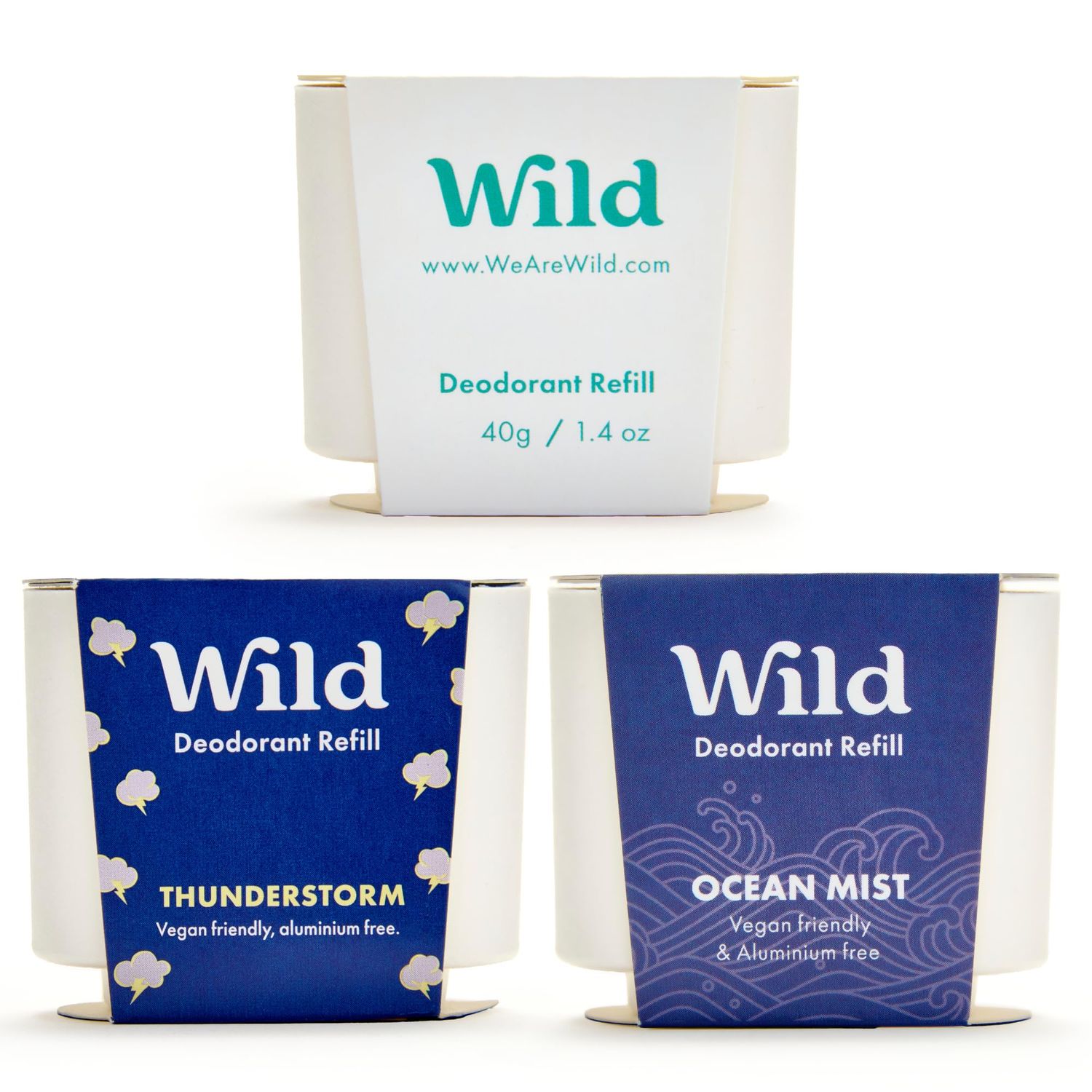 Wild - Refillable Deodorant Variety Pack with Clean Fresh Scents - Aluminum Free - Scents Include Fresh Cotton &amp; Sea Salt, Ocean Mist &amp; Thunderstorm - Long Lasting Protection