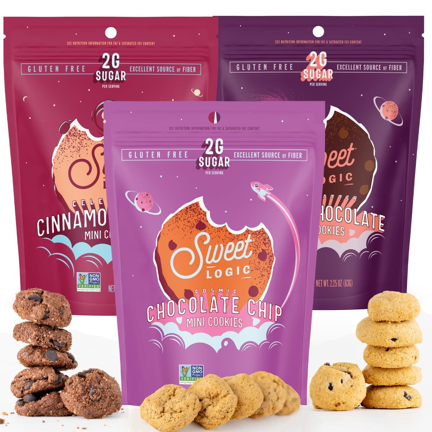 Sweet Logic Mini Cookies - Variety Pack - Double Chocolate Brownie, Cinnamon Churro Snickerdoodle, Chocolate Chip - Nut Free - Gluten Free - Keto - High Fiber - Non-GMO - Low Carbs - Low Sugar 3-pack