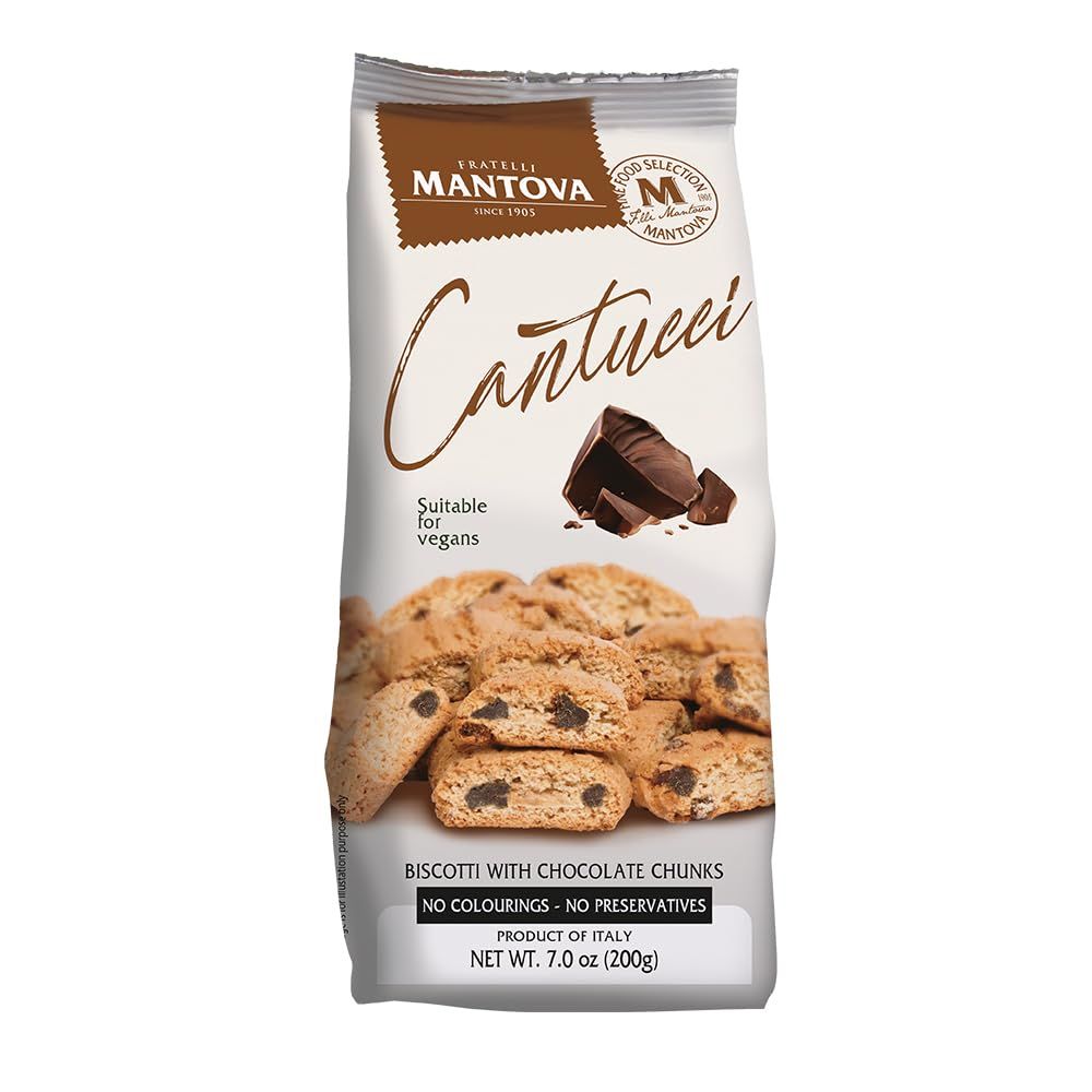 Mantova Cantucci with Chocolate Chunks, 7 oz. Pack of 2, Product of Italy, Traditional, Twice-Baked, Crunchy Biscotti, Sweet, Chocolatey, Crumbly Cookies Perfect as Breakfast, Snack and Dessert, Pa...