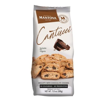 Mantova Cantucci with Chocolate Chunks, 7 oz. Pack of 2, Product of Italy, Traditional, Twice-Baked, Crunchy Biscotti, Sweet, Chocolatey, Crumbly Cookies Perfect as Breakfast, Snack and Dessert, Pa...