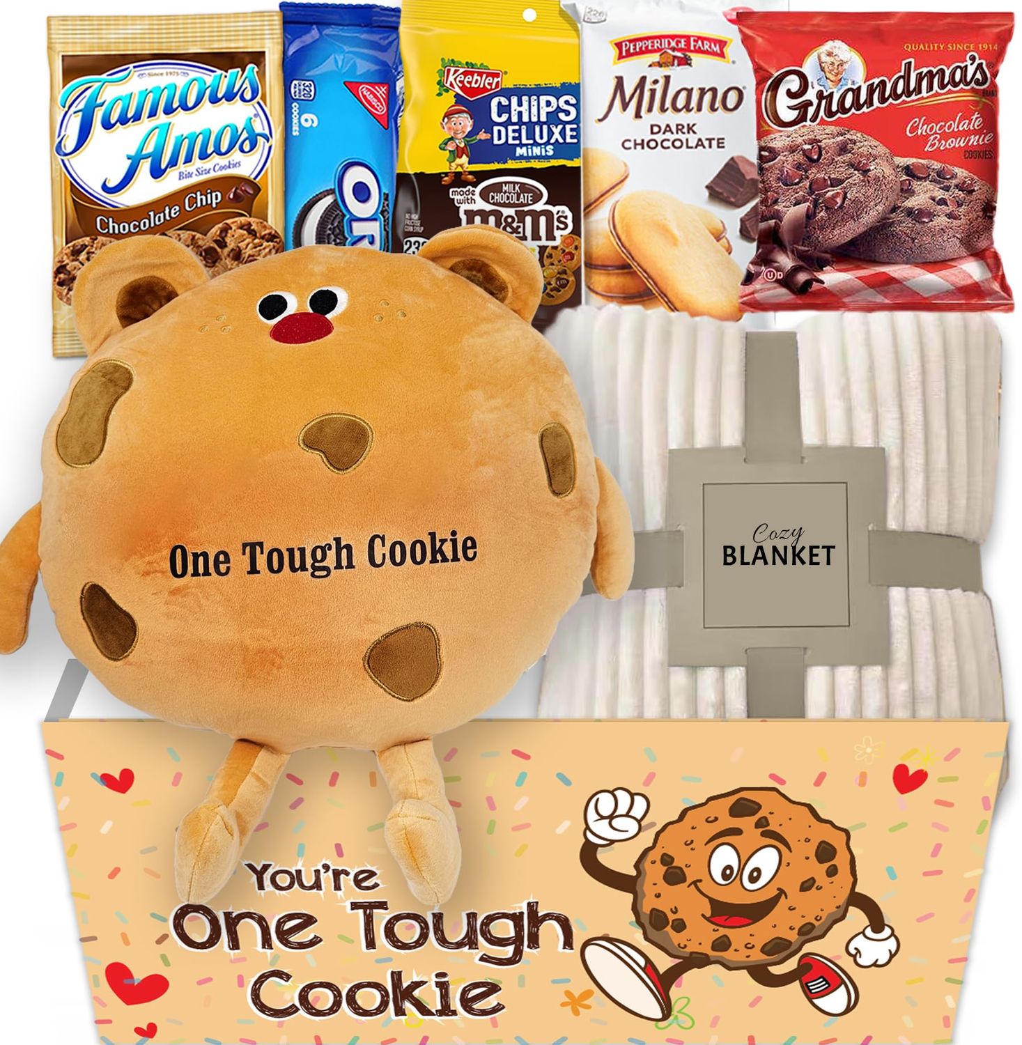 Get well Soon gift for Kids, Hospital recovery One Tough Cookie Gift Basket wBlanket, Care package Snack Box wCookie &amp; Pillow Feel better son for child or teenage, unique gift box