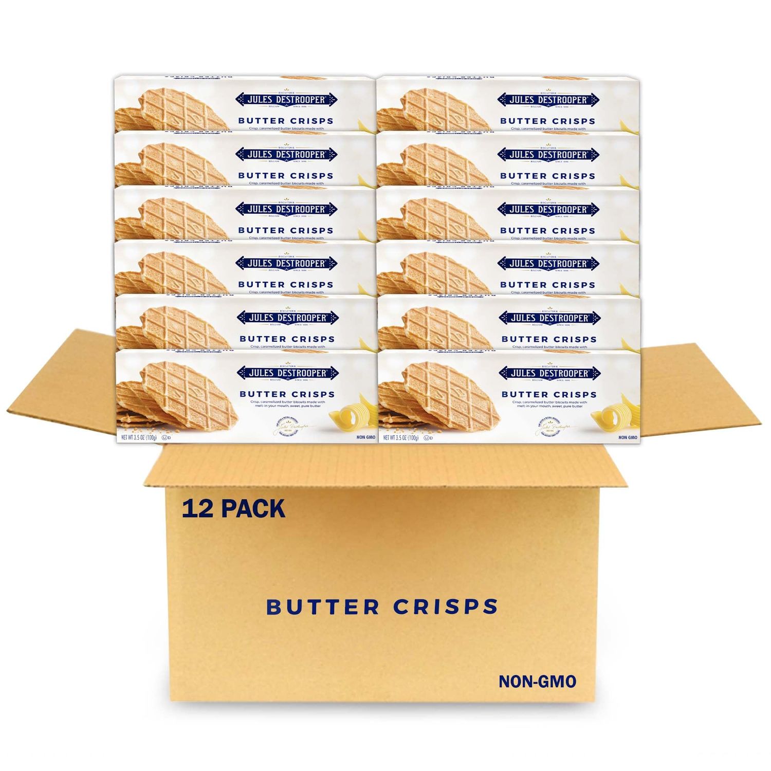 Jules Destrooper Butter Crisps - Caramelized Butter Biscuits, Kosher Dairy, Authentic Made In Belgium - 3.5oz Pack of 12