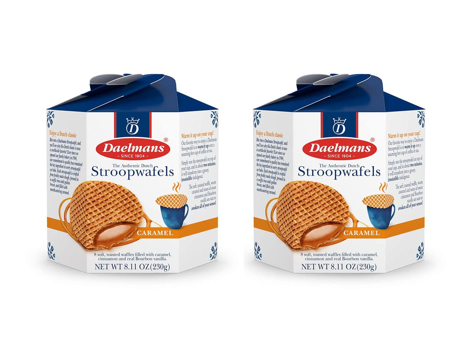 DAELMANS Stroopwafels, Dutch Waffles Soft Toasted, 2 Pack Assortment, Caramel, Office Snack, Kosher Dairy, Authentic Made In Holland, 8 Stroopwafels Per Box 2 Pack