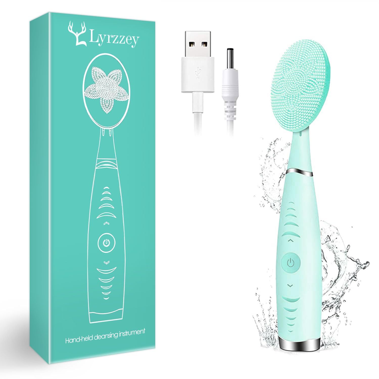 Sonic Facial Cleansing Brush, Lyrzzey Portable Handled Face Cleansing Brush with 5 Adjustable Speeds Vibrating Rechargeable Face Cleansing Brush for Deep Cleaning Gentle Exfoliating MassagingBlue