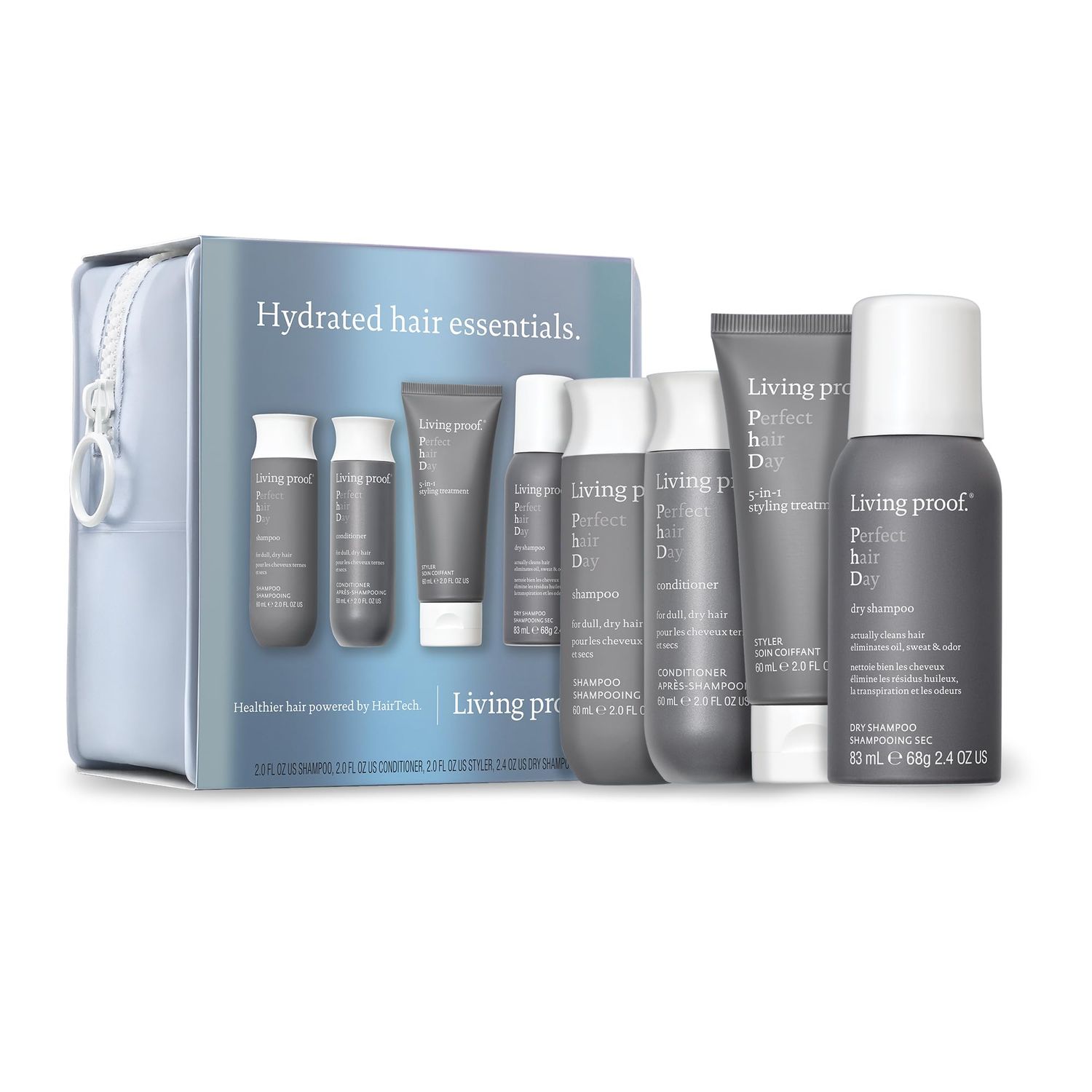Living Proof Hydrated Hair Essentials Kit - Includes Travel Size Perfect hair Day Shampoo, Conditioner, 5-in-1 Styling and Dry Shampoo 74 value